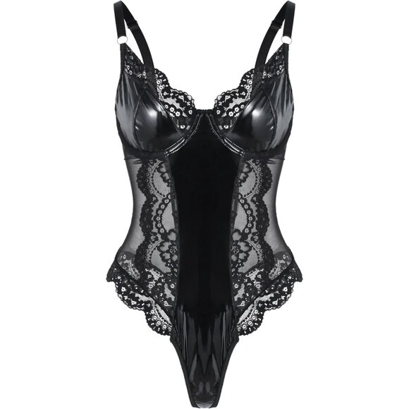 Women Pu Black Bodysuit Bustier Top One Piece Floral Lace Sheer Corset Lingerie - Picture 3 of 6